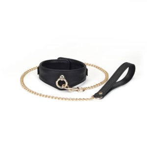 Packshot Collier BDSM en Cuir Noir et Or et Laisse Laiton en Or