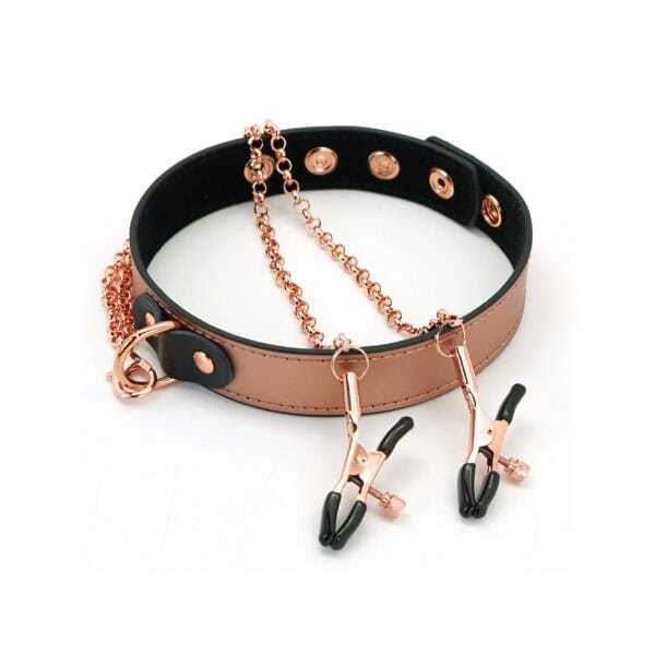 Packshot of Bondage Leather Necklace with Pink Nipple Clips in Rose Gold Metal