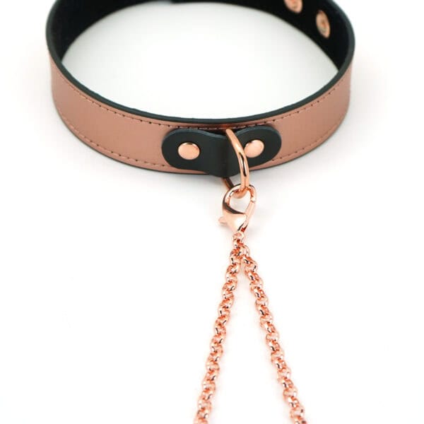 Packshot d'un Collier Bondage en Cuir avec Pinces à Tétons Rose en Métal Rose Gold