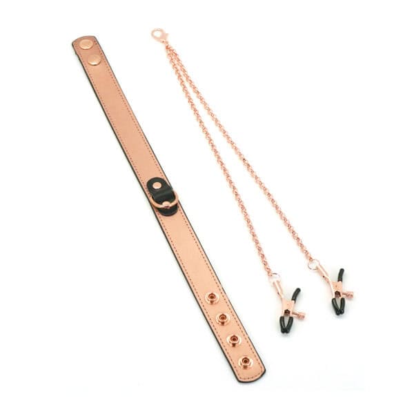 Packshot d'un Collier Bondage en Cuir avec Pinces à Tétons Rose en Métal Rose Gold