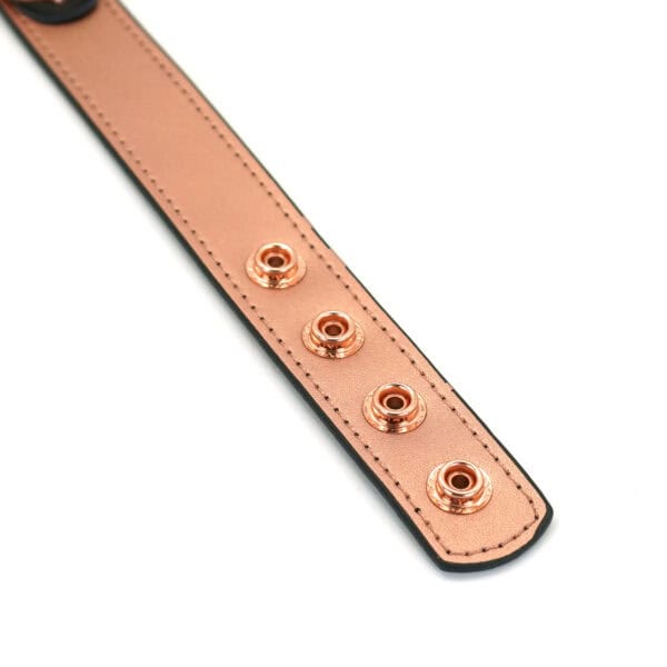 Packshot d'un Collier Bondage avec Pinces à Tétons en Cuir Rose et Métal Rose Gold avec Détail Sangle d'Attache avec Bouton Rose Gold