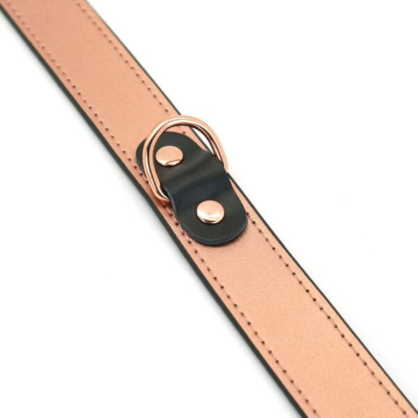 Packshot d'un Collier Bondage avec Pinces à Tétons en Cuir Rose et Métal Rose Gold avec Détail Sangle d'Attache avec Bouton Rose Gold