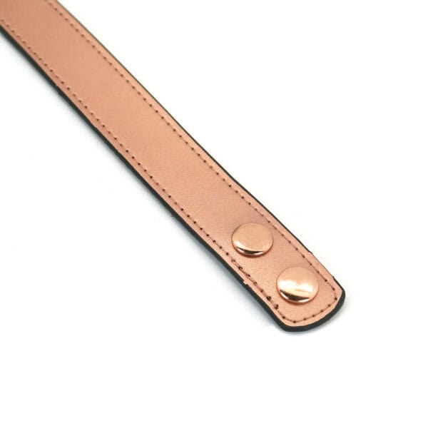 Packshot d'un Collier Bondage avec Pinces à Tétons en Cuir Rose et Métal Rose Gold avec Détail Sangle d'Attache avec Bouton Rose Gold