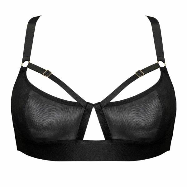 Soutien-gorge noir en tulle et satin avec lanières ajustables, anneaux dorés et ouverture centrale pour un effet structuré et moderne.