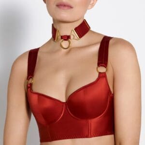 Bustier en Satin Rouge Brulé Détail Plaqué Or et string multi-sangles et Choker Rouge avec détails Dorés