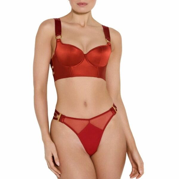 Burnished red satin bustier with gold-plated detail and multi-strap g-string