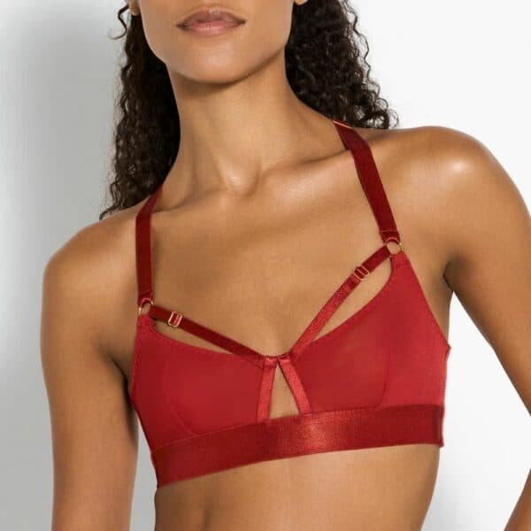 Soutien-Gorge Rouge Brulé et String Soie Rouge avec Détails Dorés