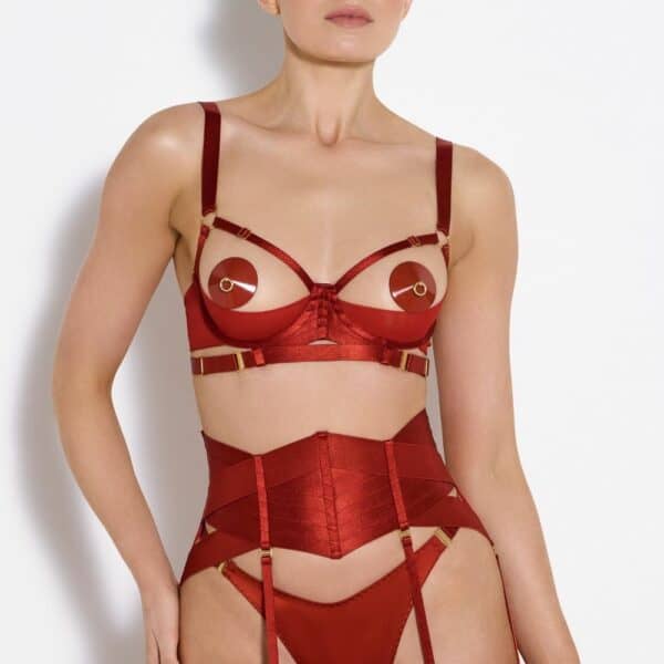 Ensemble de lingerie comportant Un soutien-gorge rouge Vif, un string rouge et un porte jarretelle rouge avec détail or Et nippies rouge